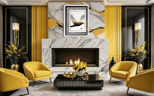 Modern living room with yellow chairs, a marble fireplace, and decorative wall art.