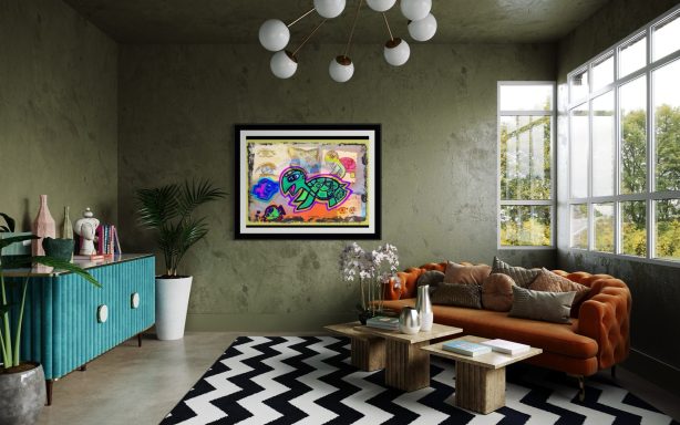 Modern living room with green walls, an orange sofa, geometric rug, and colorful artwork.