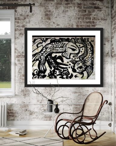 Framed artwork depicting abstract fish designs on a textured wall with a rocking chair nearby.