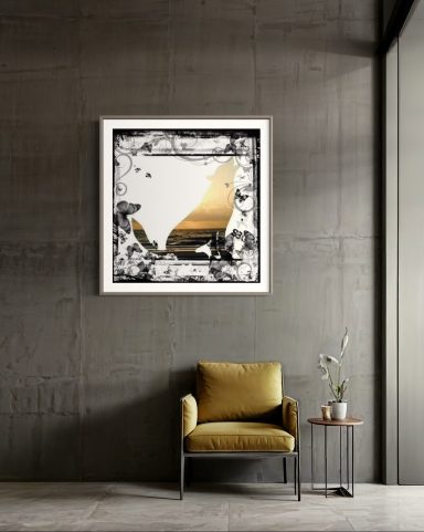 A stylish chair beside a side table, with an abstract gold and black framed artwork on the wall.