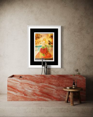 A modern bathroom featuring a marble sink and framed artwork on a textured wall.